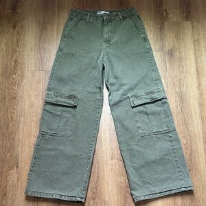 Zara Green Cotton Denim Wide Leg Cargo Pants Size 2